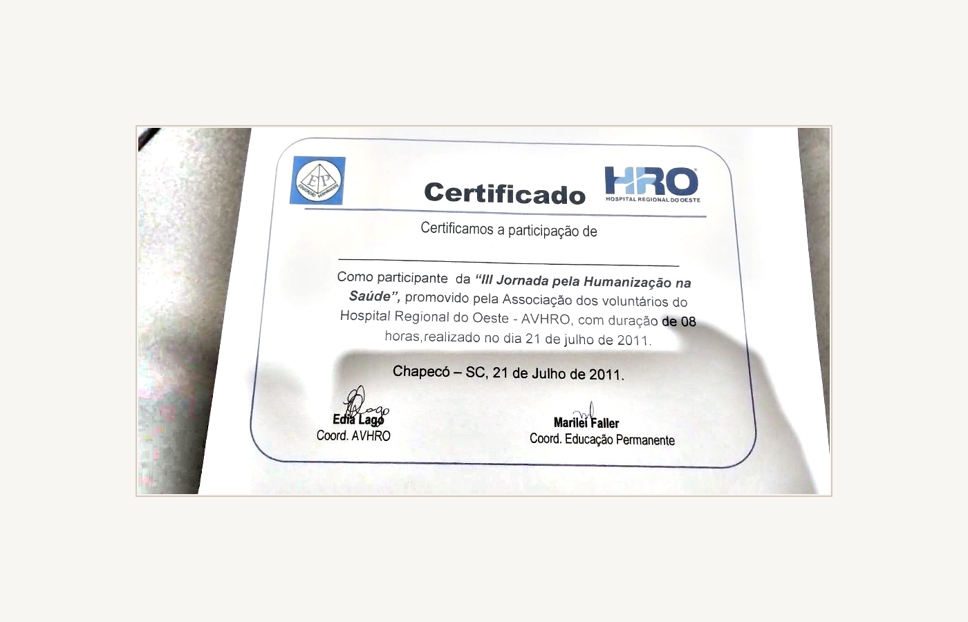 Certificado Humanização na Saúde HRO