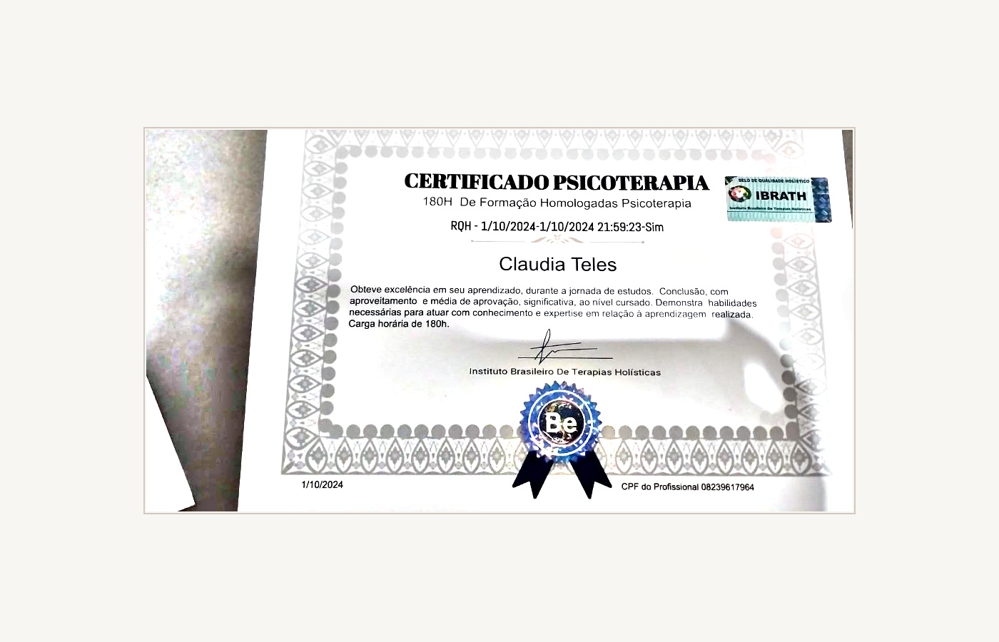 Certificado Psicoterapia IBRATH 180H